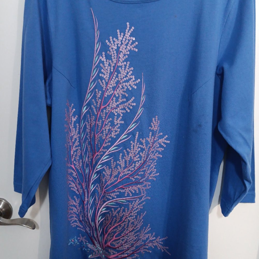 BOB MACKIE (of course)  EMBROIDERED AND SEQUINED BLUE TUNIC SHIRT  AICE L NWOT